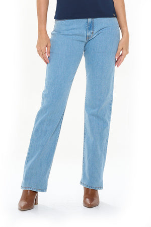 Front view of aviator faded indigo travel jeans for women in a relaxed fit