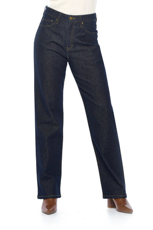 Front view of Aviator best travel jeans for women in relaxed dark indigo style