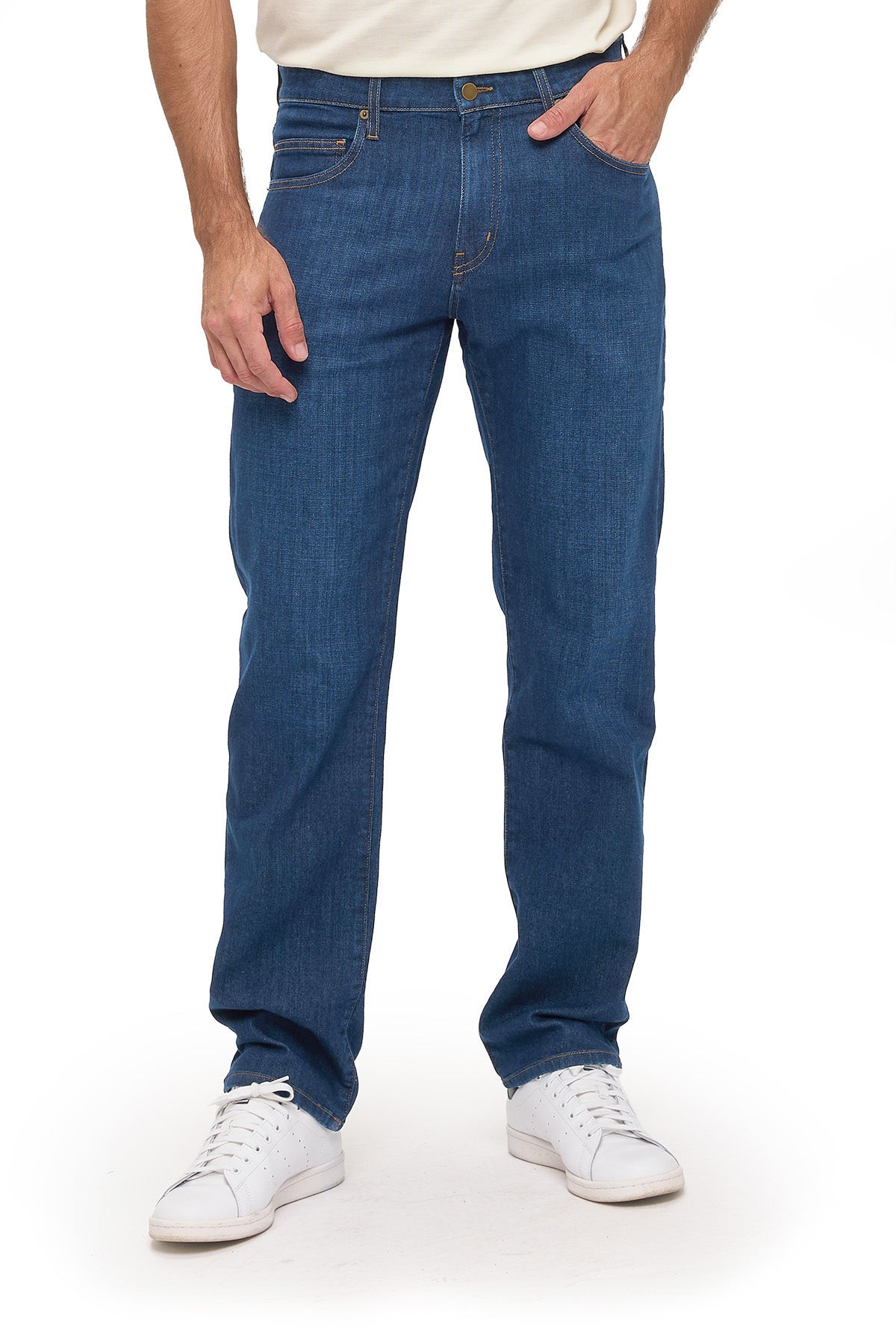 Men's vintage indigo travel jeans, straight fit, front view from waist to floor