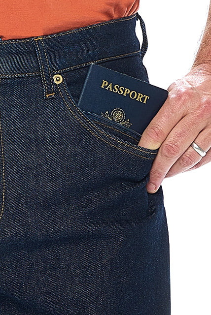 Aviator Men's Travel Jeans in Dark Indigo showcasing the capabilities of pickpocket proof pants as travel pants