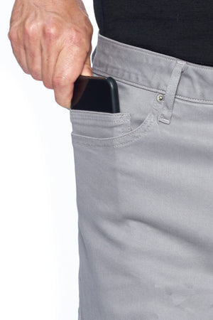 Device pocket on the Aviator travel jeans in Japanese twill steel color
