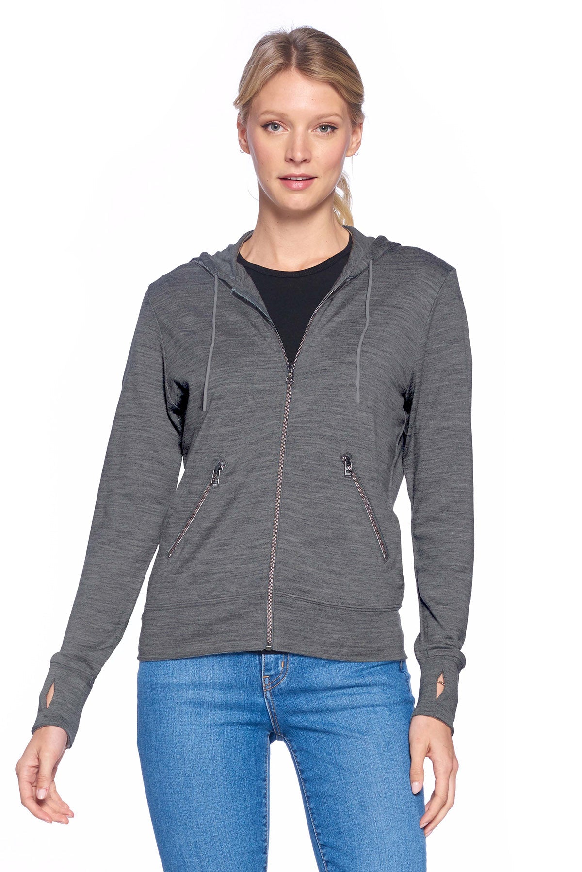 Model wearing the merino wool travel hoodie for women in dark steel