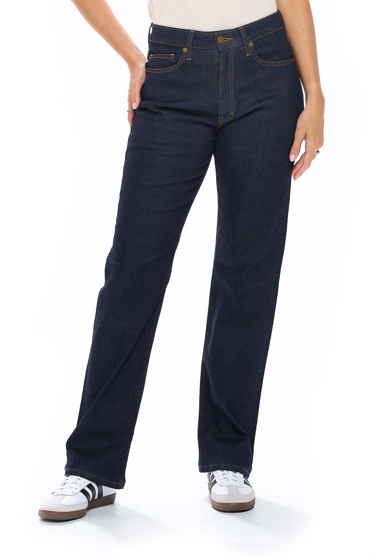 The relaxed concorde dark indigo travel pants for women designed by Aviator