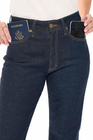 Aviator women's travel jeans showcasing the pickpocket prevention technology made for travel