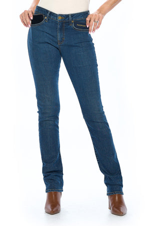 Main photo of the fly straight vintage indigo travel jeans for women.