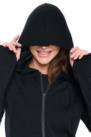 Sleeper hood on the first class merino wool travel hoodie for women in black