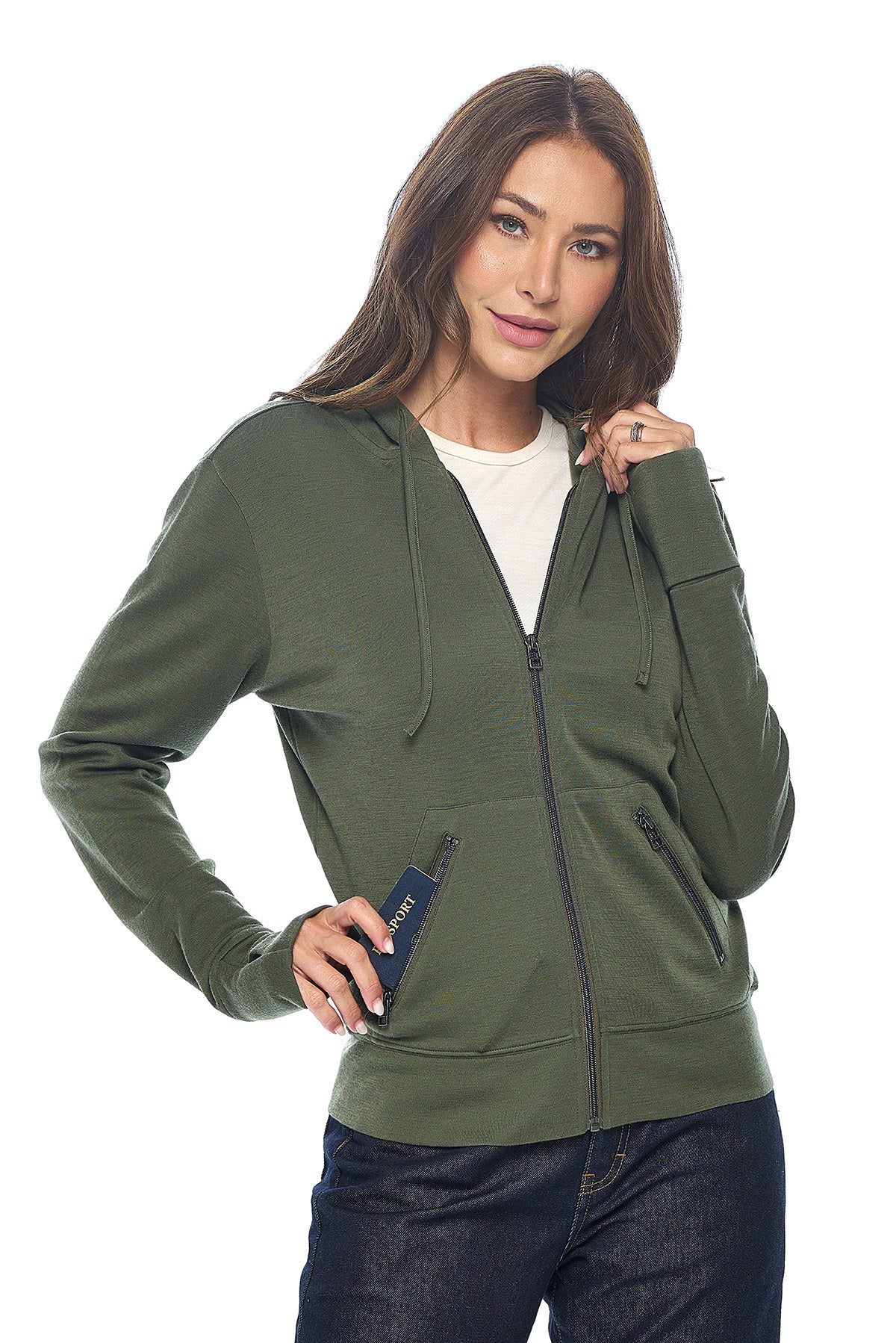 Women's Merino Wool First Class Travel Hoodie | Olive | USA Made - Aviator