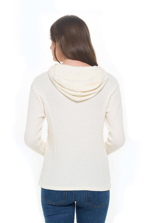 A back view of the red eye thermal travel hoodie for women in the natural color.