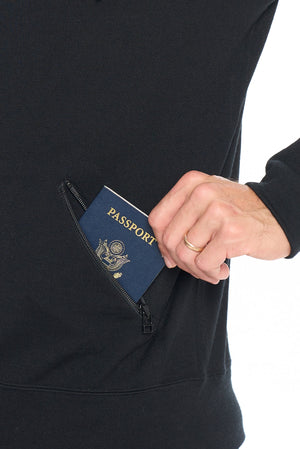 Secure zipper pocket on the merino wool travel hoodie by Aviator