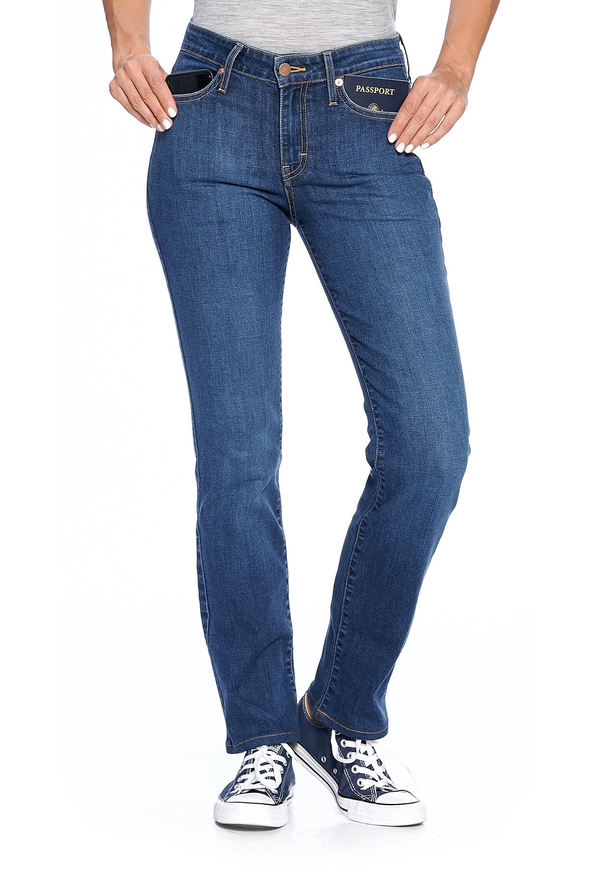 Medium indigo fly straight travel jeans for women by Aviator.