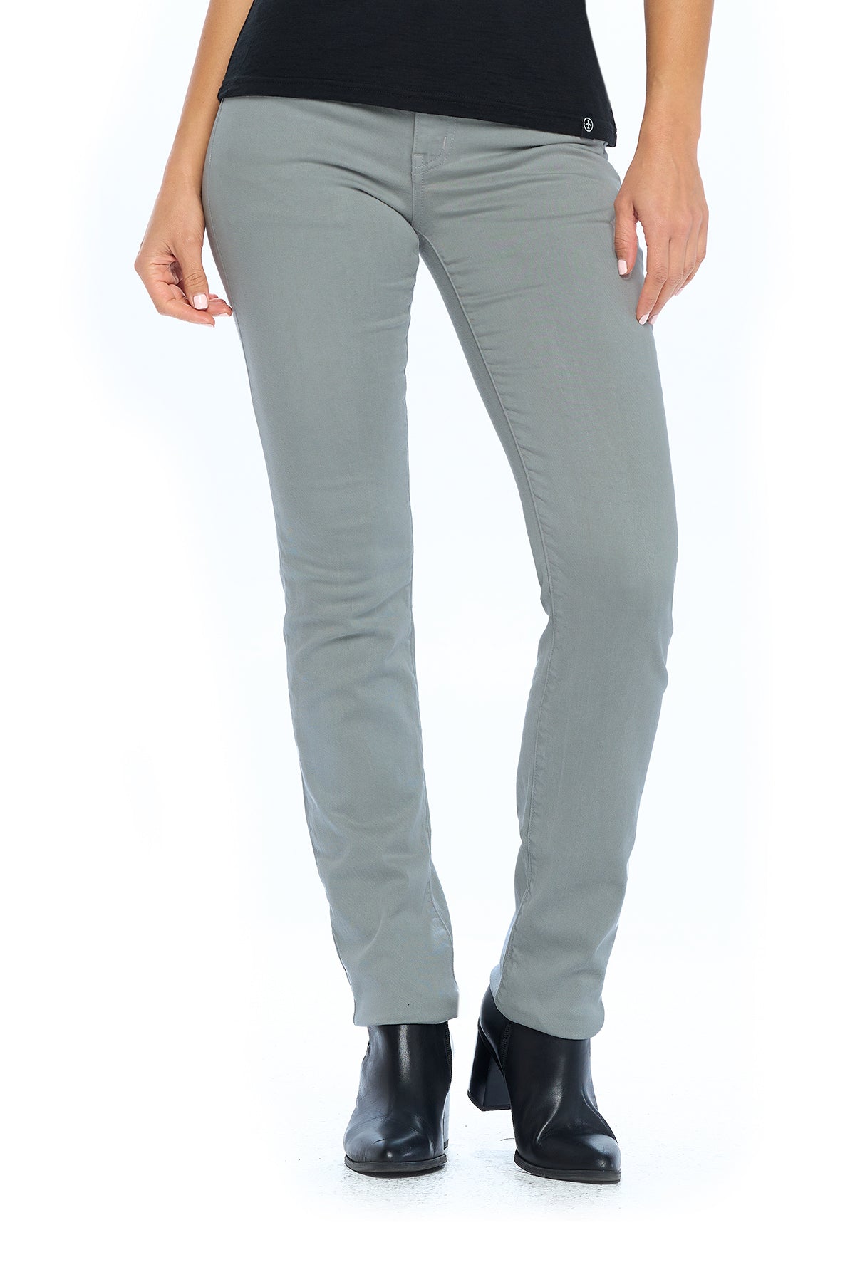 Model wearing the fly straight steel grey travel jeans by Aviator.